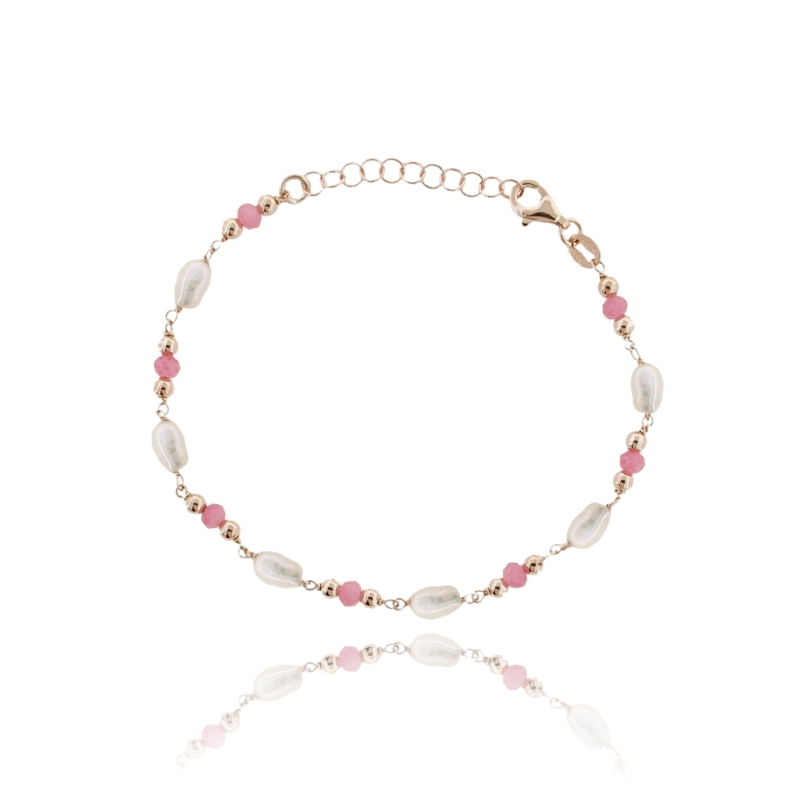 BRACCIALE CON SFERE, PIETRE E PERLE ALTERNATE IN ARGENTO ROSATO TIT 925 CM 17-19