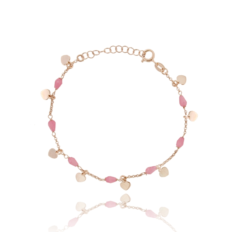 BRACCIALE ROLO CON PIETRE E CUORI PENDENTI IN ARGENTO ROSATO TIT 925 CM 17-19