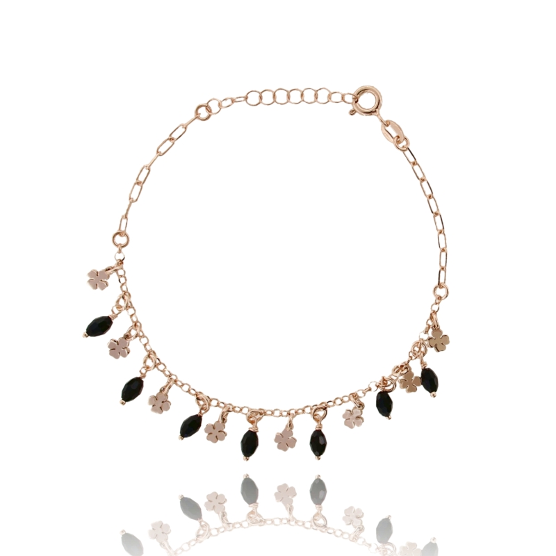 BRACCIALE ROLO' CON PIETRE E QUADRIFOGLI PENDENTI IN ARGENTO ROSATO TIT 925 CM 17-19