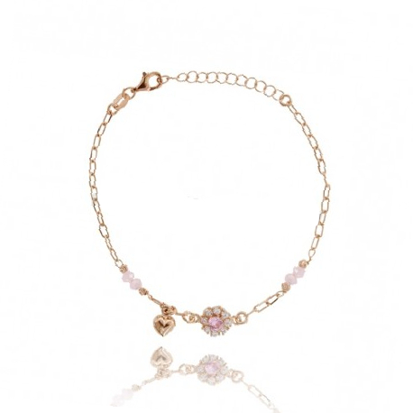 BRACCIALE CON CON FIORE DI ZIRCONI, CUORE E PIETRE IN ARGENTO TIT 925 CM 17-19