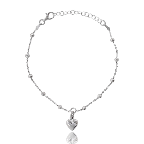 BRACCIALE FORZATINA CON SFERE E CUORE PENDENTE IN ARGENTO RODIATO TIT 925 CM 16-19