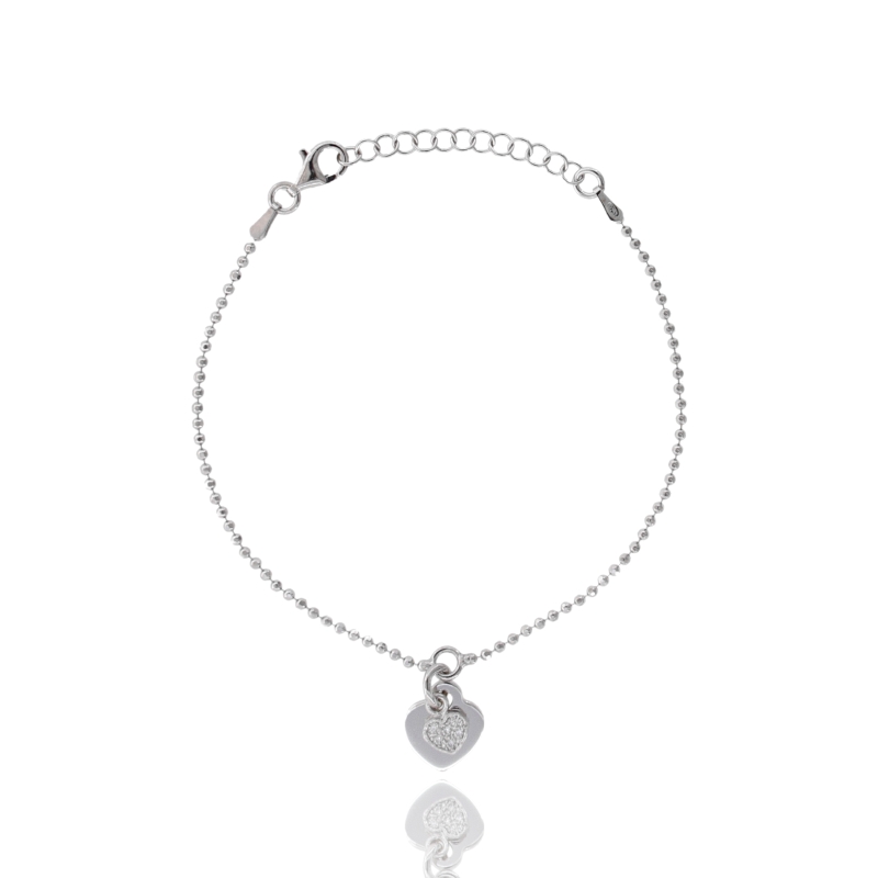 BRACCIALE CON SFERE FACCETTATE E CUORI IN ARGENTO RODIATO TIT 925 E ZIRCONI CM 16 ESTENSIBILE A 19