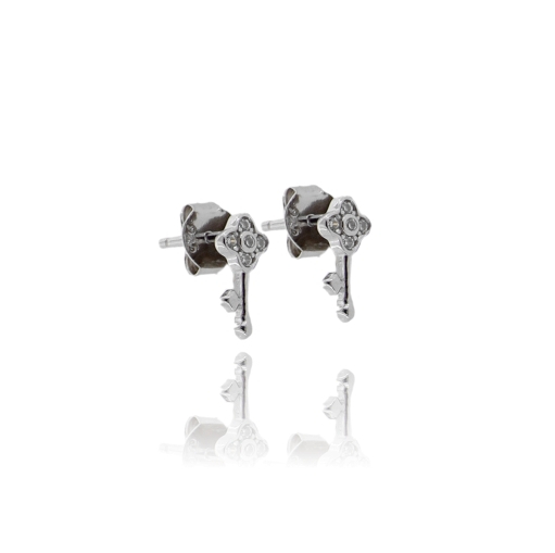 ORECCHINI A LOBO CHIAVE FIORE IN ARGENTO RODIATO TIT 925 E ZIRCONI