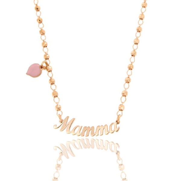 COLLANA CON SFERE, SCRITTA MAMMA E CUORE PENDENTE SMALTATO IN ARGENTO ROSATO TIT 925‰ CM 40-45