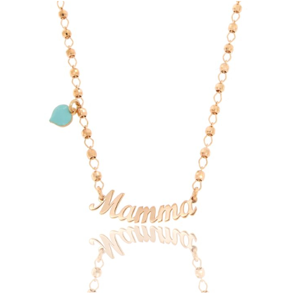 COLLANA CON SFERE, SCRITTA MAMMA E CUORE PENDENTE SMALTATO IN ARGENTO ROSATO TIT 925‰ CM 40-45