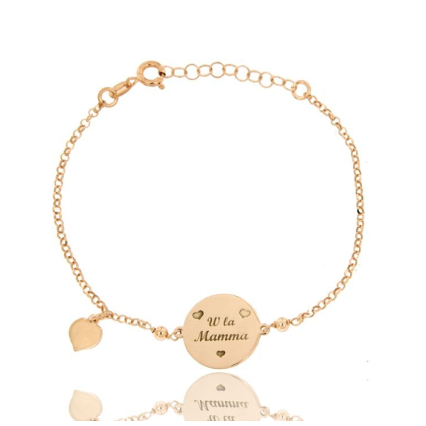 BRACCIALE ROLO' W LA MAMMA CON CUORE PENDENTE IN ARGENTO ROSATO TIT 925‰ CM 17-20