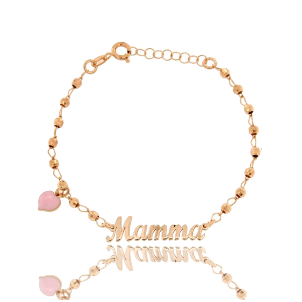 BRACCIALE CON SFERE, SCRITTA MAMMA CENTRALE E CUORE PENDENTE SMALTATO IN ARGENTO ROSATO TIT 925‰ CM 17-20