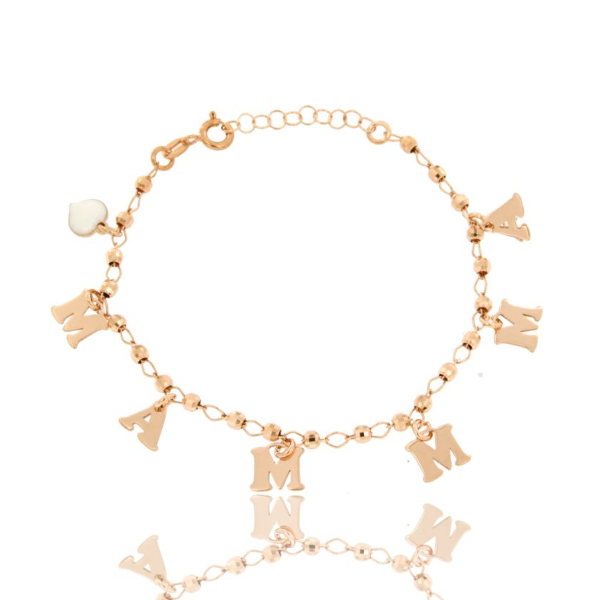 BRACCIALE CON SFERE, SCRITTA MAMMA E CUORE PENDENTE SMALTATO IN ARGENTO ROSATO TIT 925‰ CM 17-20