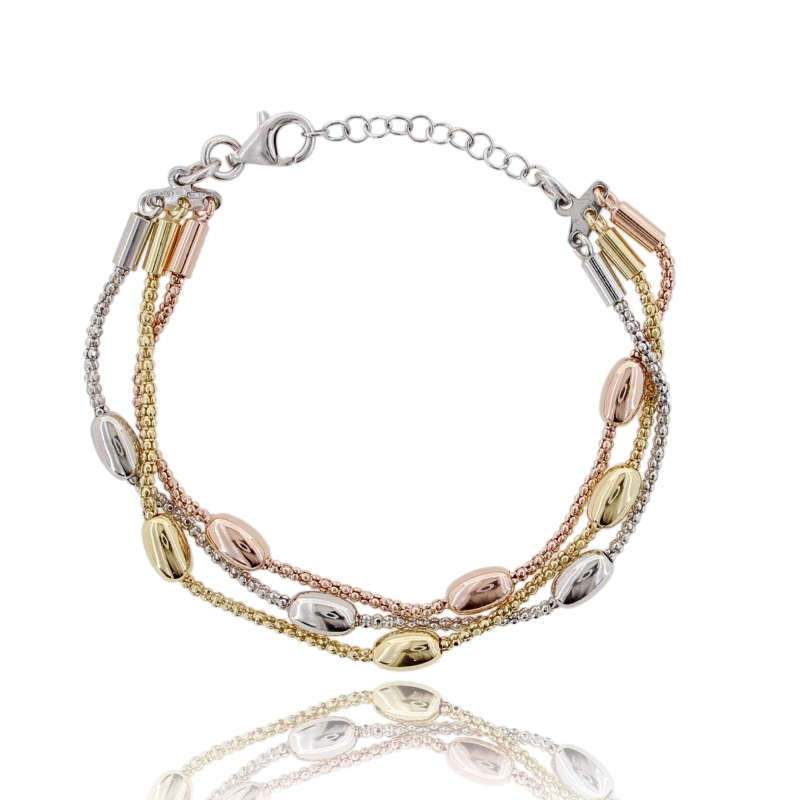BRACCIALE POP CORN A 3 FILI CON BARILOTTI ALTERNATI IN ARGENTO TIT 925 CM DA 17 ESTENSIBILE A 19