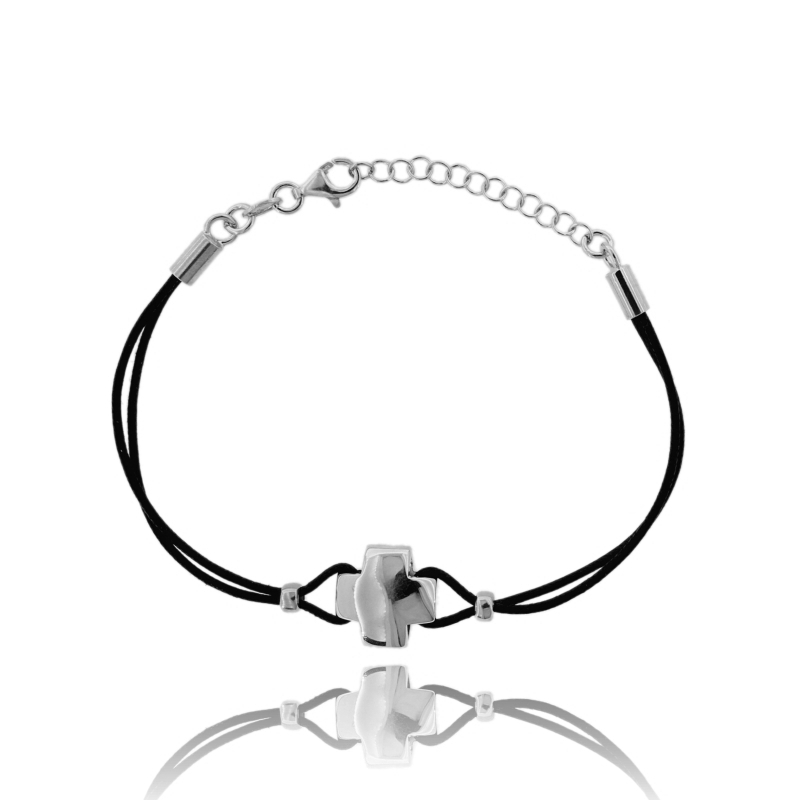 BRACCIALE IN CUOIO CON CROCE BOMBATA IN ARGENTO TIT 925 CM 18