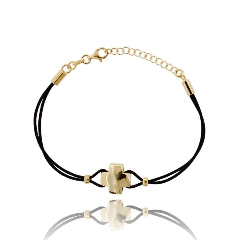 BRACCIALE IN CUOIO CON CROCE BOMBATA IN ARGENTO TIT 925 CM 18