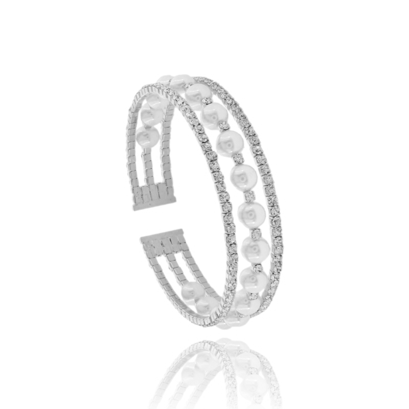 BRACCIALE RIGIDO CON STRASS E PERLE IN OTTONE
