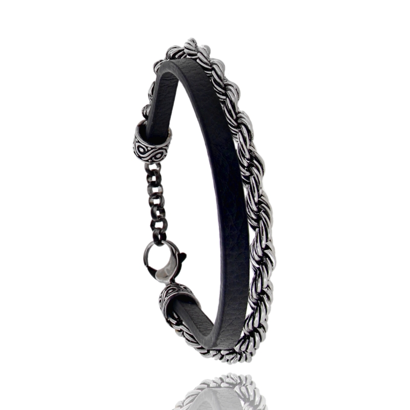 BRACCIALE FUNETTA E CUOIO IN ACCIAIO BRUNITO CM 21