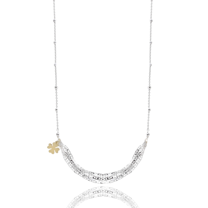 COLLANA CON QUADRIFOGLO IN ARGENTO BIANCO E DORATO TIT 925‰ CM 38-42