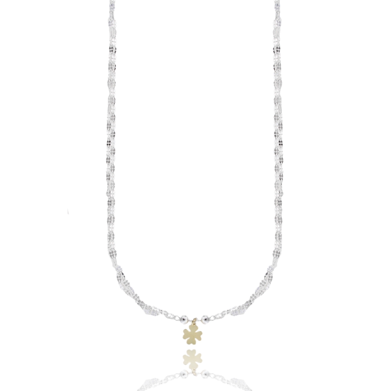 COLLANA CON QUADRIFOGLO IN ARGENTO BIANCO E DORATO TIT 925‰ CM 38-42