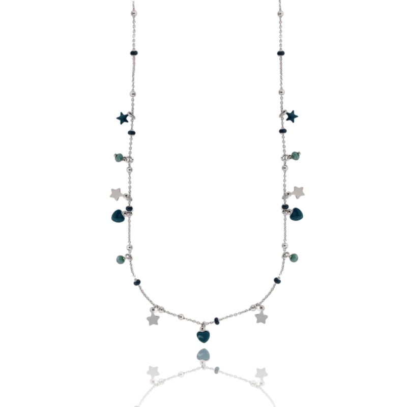 COLLANA CON STELLE E CUORI IN ARGENTO RODIATO TIT 925‰ E SMALTO VERDE CM 40