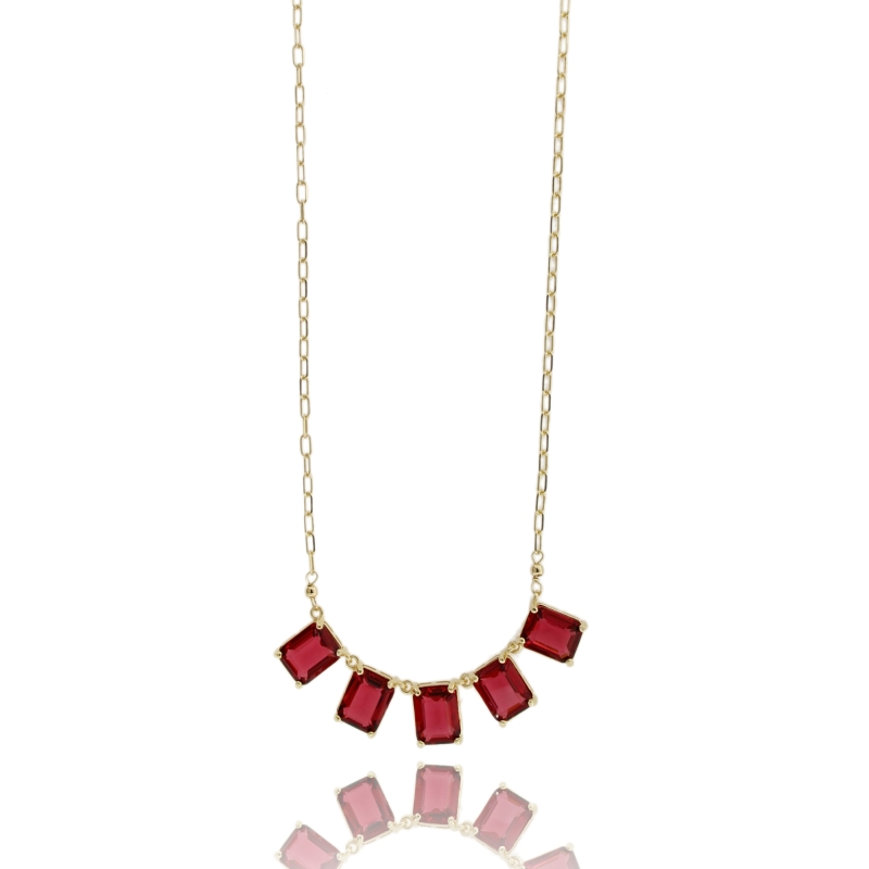 COLLANA CON 5 PIETRE RETTANGOLARI ROSSE IN ARGENTO DORATO TIT 925‰ CM 40