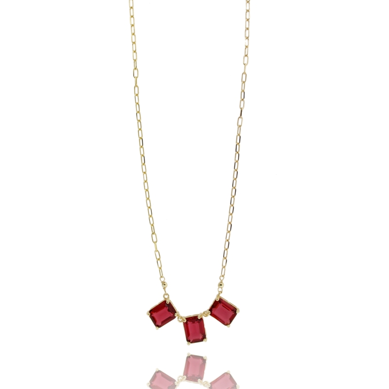 COLLANA CON 3 PIETRE RETTANGOLARI ROSSE IN ARGENTO DORATO TIT 925‰ CM 40