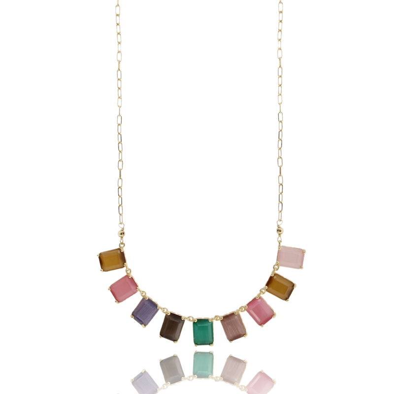 COLLANA CON 9 PIETRE RETTANGOLARI MULTICOLOR IN ARGENTO DORATO TIT 925‰ CM 40
