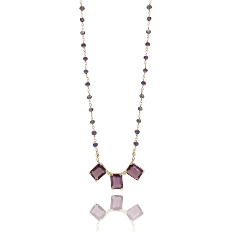 COLLANA CON 3 PIETRE VIOLA IN ARGENTO DORATO TIT 925‰ CM 40