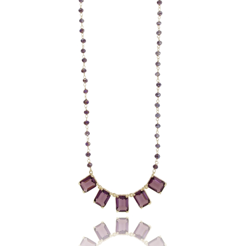 COLLANA CON 5 PIETRE VIOLA IN ARGENTO DORATO TIT 925‰ CM 40