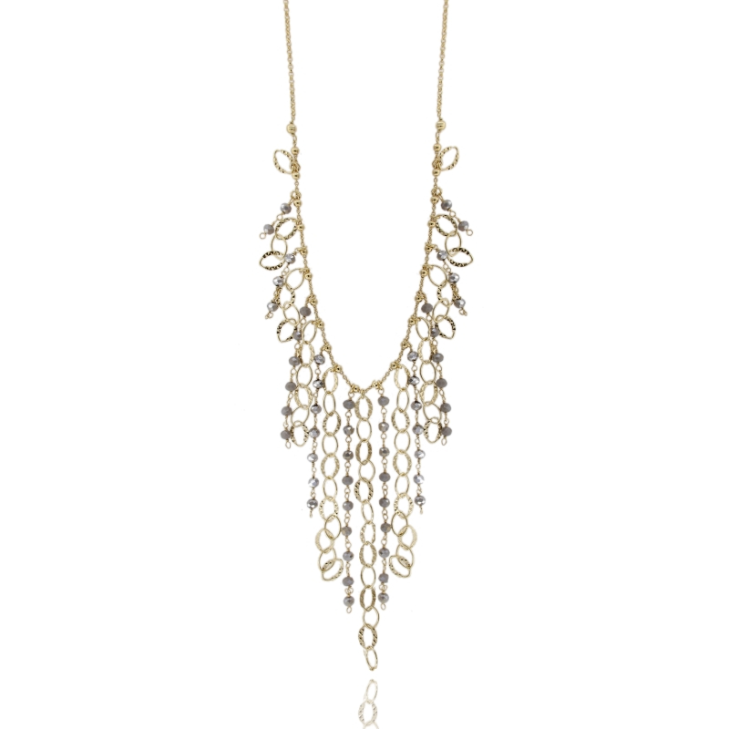 COLLANA CON PIETRE GRIGIE E CATENE PENDENTI IN ARGENTO DORATO TIT 925‰ CM 40