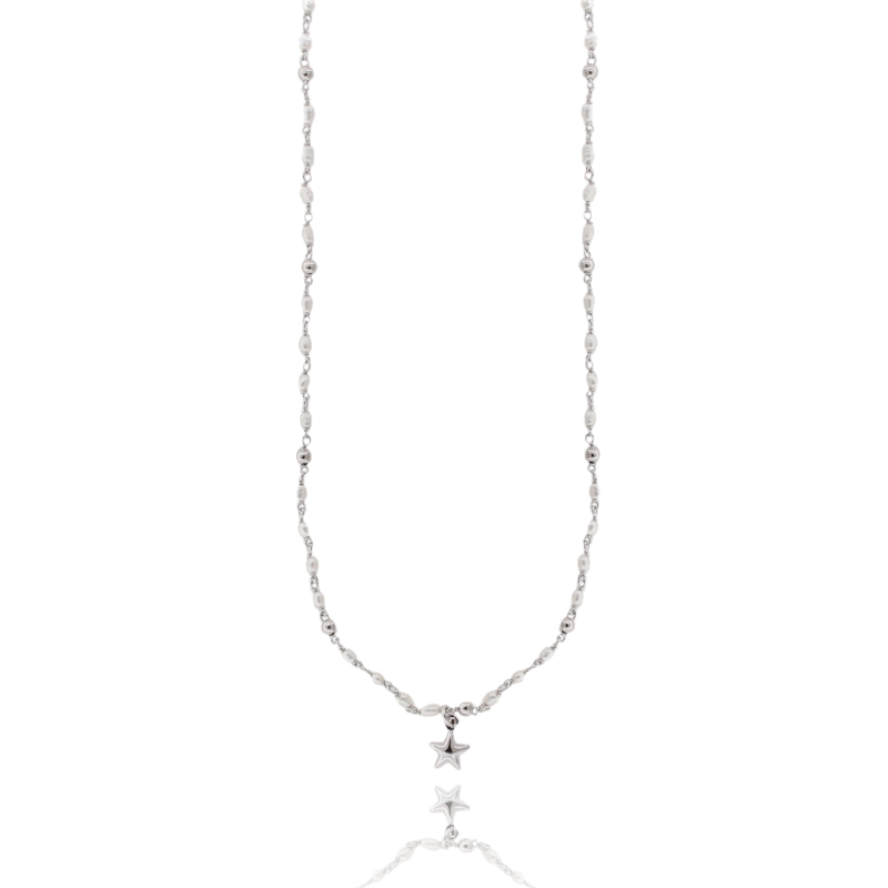 COLLANA CON PERLE DI FIUME, SFERE E STELLA IN ARGENTO RODIATO TIT 925‰ CM 40