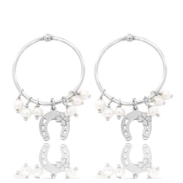 ORECCHINI A CERCHIO FRONTALE DIAMETRO MM 24 CON SIMBOLO E PERLE PENDENTI IN ARGENTO RODIATO TIT 925