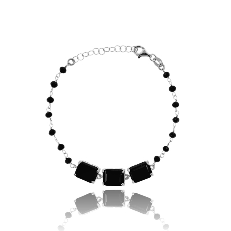 BRACCIALE CON 3 PIETRE NERE IN ARGENTO RODIATO TIT 925‰ CM 17-19