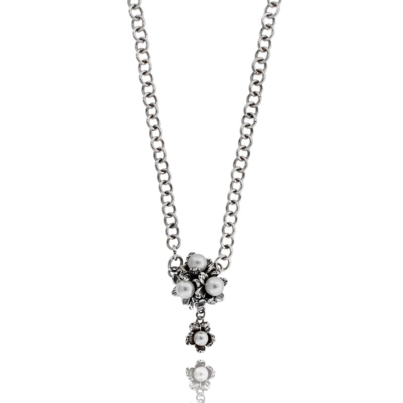 COLLANA FIORI IN ARGENTO BRUNITO TIT 925 E PERLE CM 40