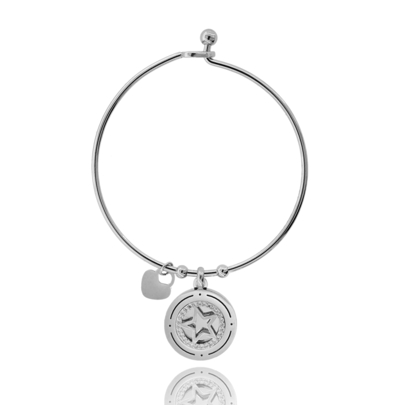 BRACCIALE RIGIDO CON STELLE E CUORE PENDENTE IN ACCIAIO E STRASS