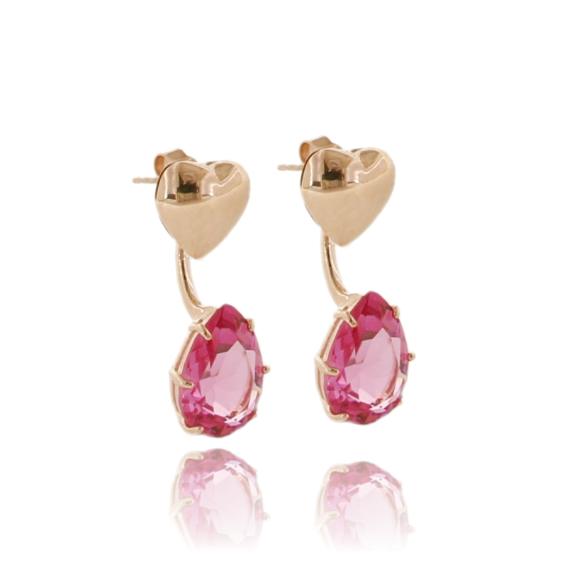 ORECCHINI CON CUORE A LOBO E GOCCIA DI PIETRA IDROTERMALE PENDENTE SOSPESA IN ARGENTO ROSATO TIT 925