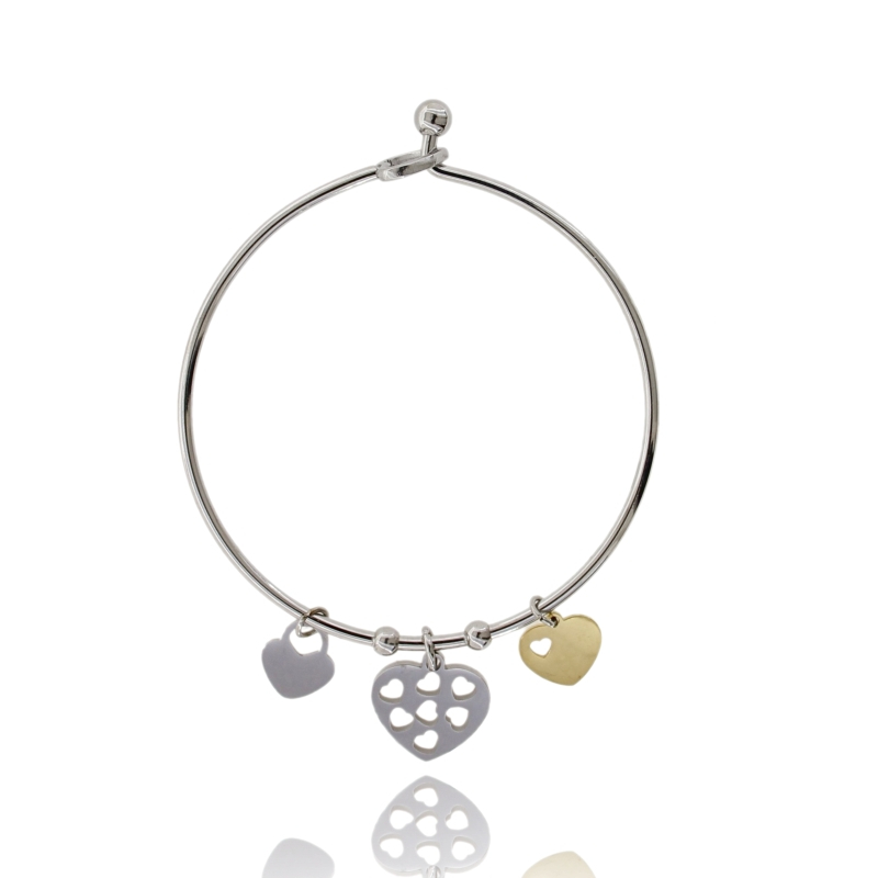 BRACCIALE RIGIDO CON CUORI IN ACCIAIO BICOLORE