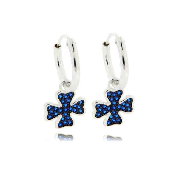 ORECCHINI A CERCHIO DIAMETRO MM 10 CON QUADRIFOGLIO PENDENTE CON ZIRCONI BLU IN ARGENTO TIT 925‰