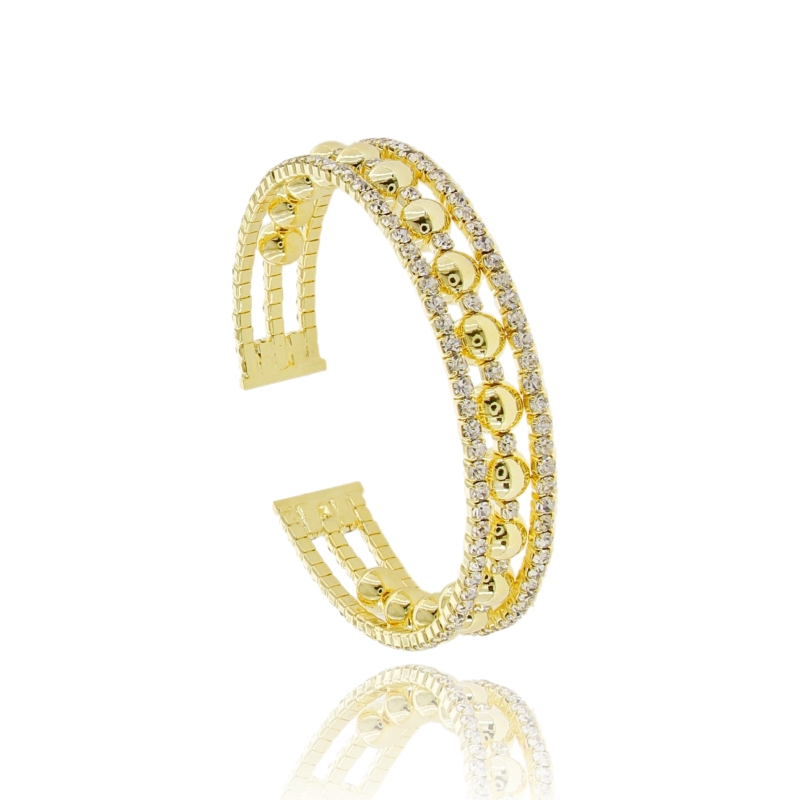 BRACCIALE RIGIDO CON STRASS E SFERE IN OTTONE DORATO