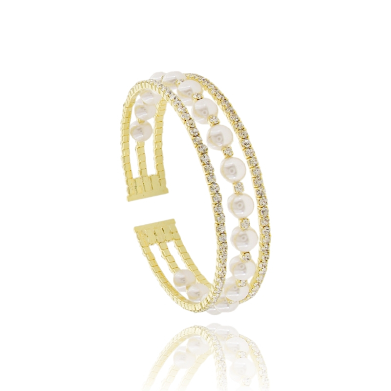 BRACCIALE RIGIDO CON STRASS E PERLE IN OTTONE DORATO
