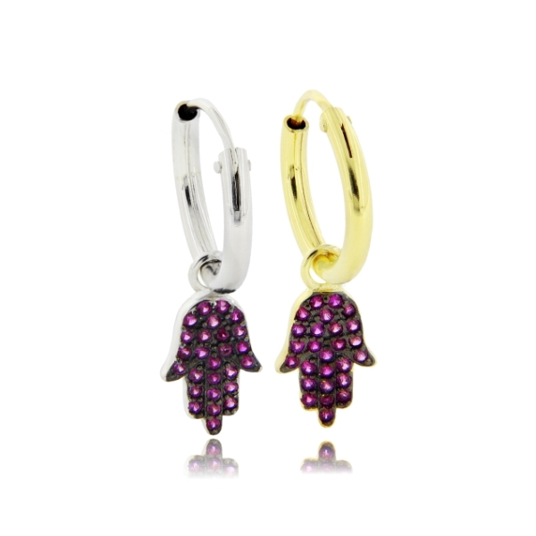 ORECCHINI A CERCHIO DIAMETRO MM 10 CON MANO DI FATIMA PENDENTE CON ZIRCONI ROSSO IN ARGENTO TIT 925‰