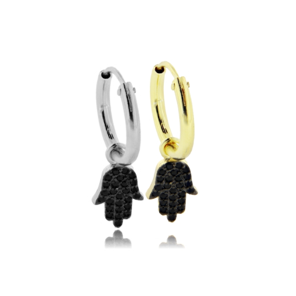 ORECCHINI A CERCHIO DIAMETRO MM 10 CON MANO DI FATIMA PENDENTE CON ZIRCONI NERI IN ARGENTO TIT 925‰