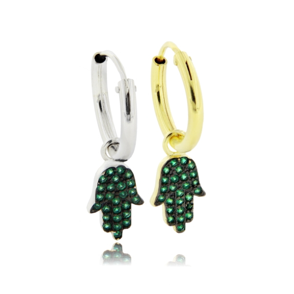 ORECCHINI A CERCHIO DIAMETRO MM 10 CON MANO DI FATIMA PENDENTE CON ZIRCONI VERDE IN ARGENTO TIT 925‰