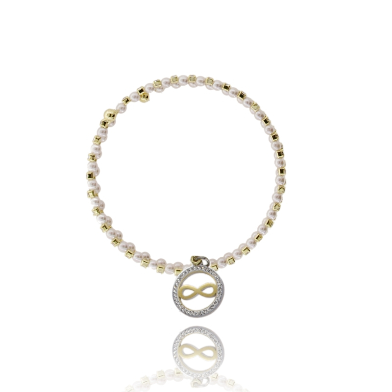BRACCIALE A SERPENTE CON STRASS, PERLE E INFINITO PENDENTE IN OTTONE BICOLORE