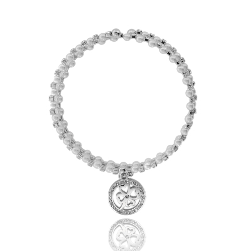 BRACCIALE A SERPENTE CON STRASS, PERLE E QUADRIFOGLIO PENDENTE IN OTTONE