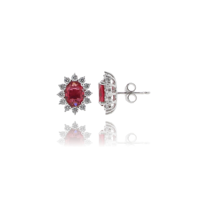 ORECCHINI KATE OVALI MM 13X11 IN ARGENTO RODIATO TIT 925 E ZIRCONI BIANCHI E ROSSI