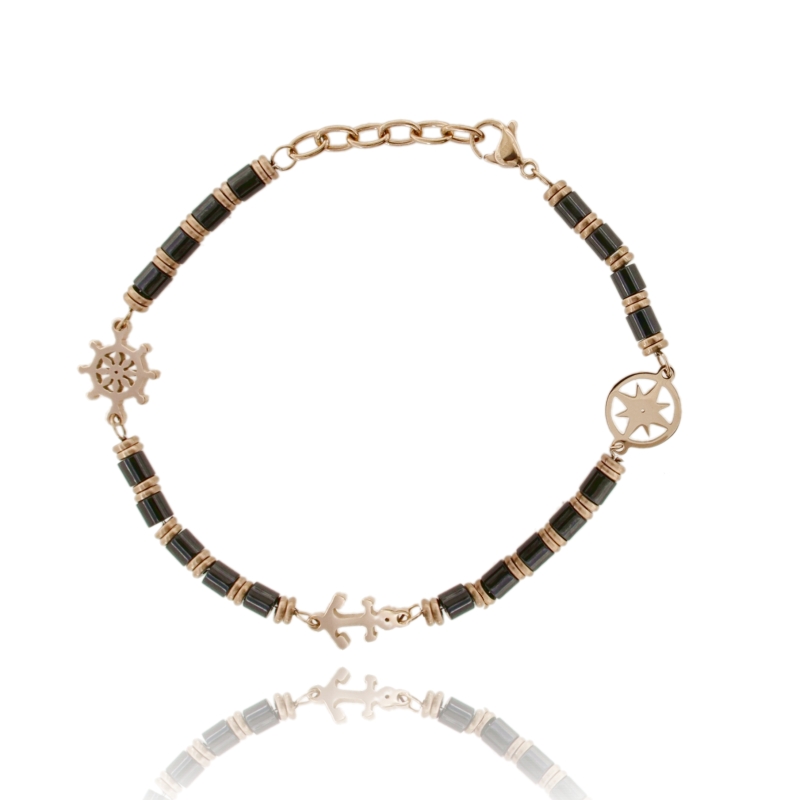 BRACCIALE CON SIMBOLI MARINARI IN ACCIAIO ROSATO E EMATITE CM 21
