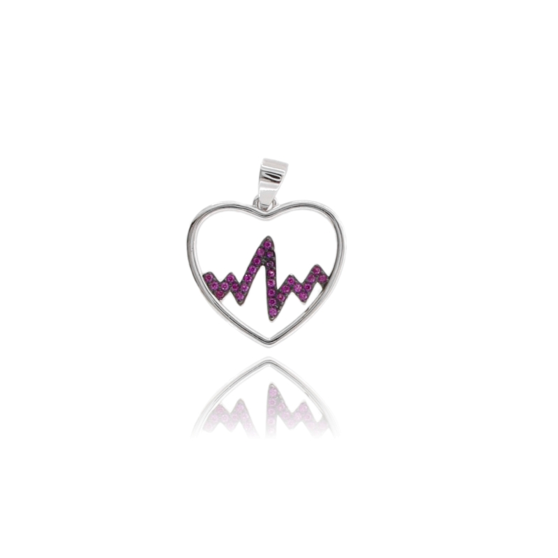 CIONDOLO CUORE BATTITO MM 19X20 IN ARGENTO RODIATO TIT 925 E ZIRCONI ROSSI