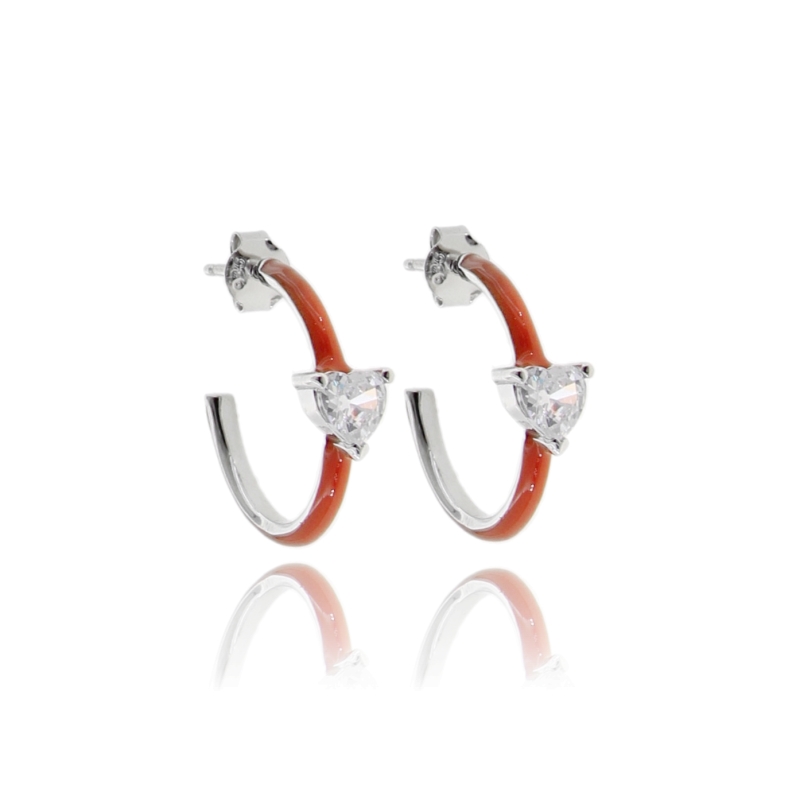 ORECCHINI A CERCHIO MM 16 CON CUORE DI ZIRCONI IN ARGENTO RODIATO TIT 925 E SMALTO