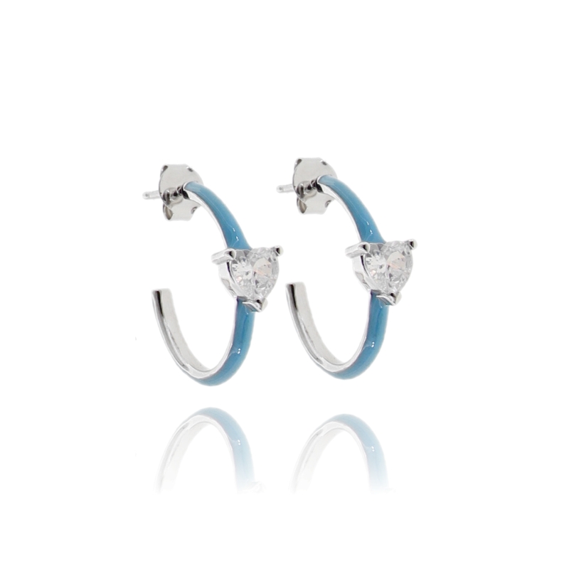 ORECCHINI A CERCHIO MM 16 CON CUORE DI ZIRCONI IN ARGENTO RODIATO TIT 925 E SMALTO