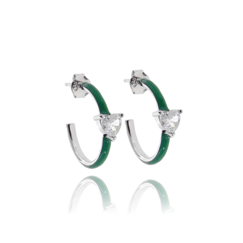 ORECCHINI A CERCHIO MM 16 CON CUORE DI ZIRCONI IN ARGENTO RODIATO TIT 925 E SMALTO