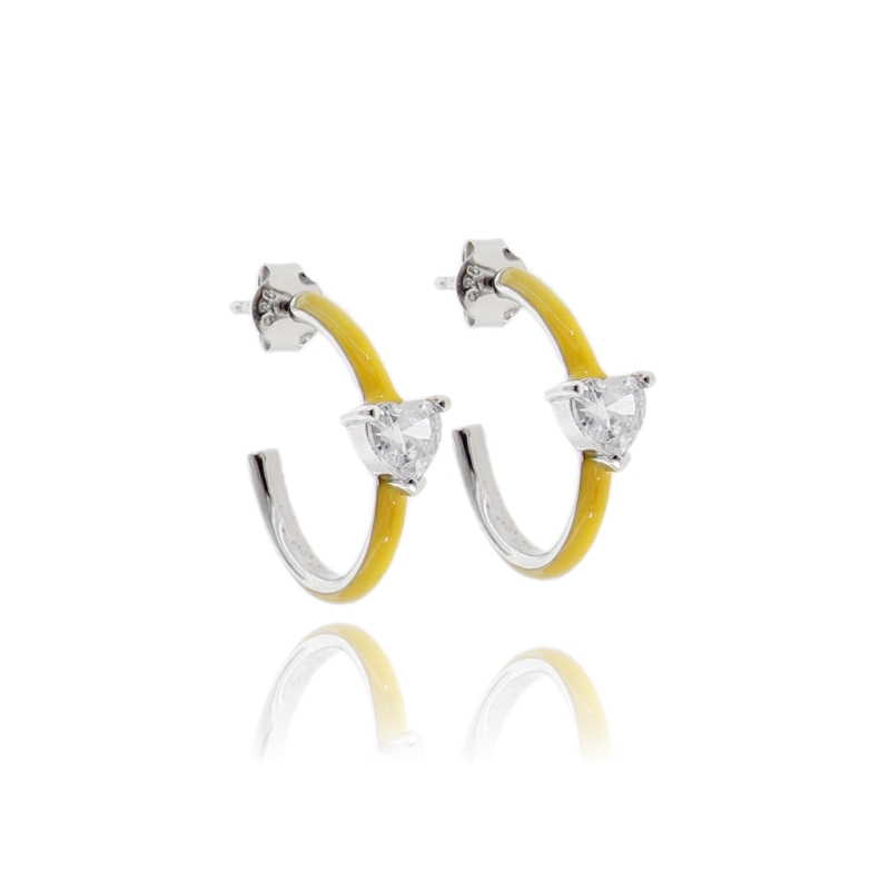 ORECCHINI A CERCHIO MM 16 CON CUORE DI ZIRCONI IN ARGENTO RODIATO TIT 925 E SMALTO