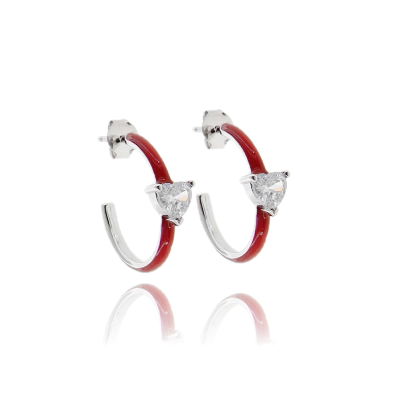ORECCHINI A CERCHIO MM 16 CON CUORE DI ZIRCONI IN ARGENTO RODIATO TIT 925 E SMALTO