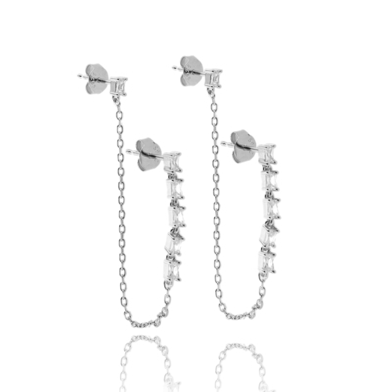 ORECCHINI DOPPIO BUCO CON ZIRCONI E CATENA IN ARGENTO TIT 925